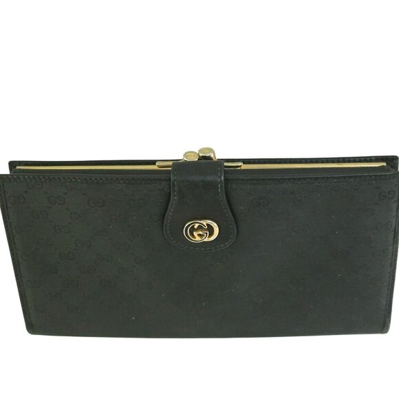 Gucci Vintage Black Coated Long Wallet Logo Kisslock Snap Trifold 035-001-0264 - Picture 1 of 10